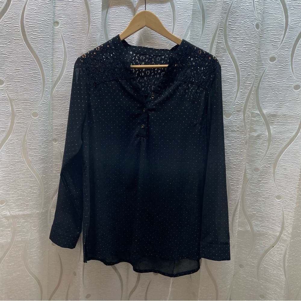 Unbranded Sheer Lace Yoke Blouse Womens Black‎ Gold Polka Dot Good Romantic Top